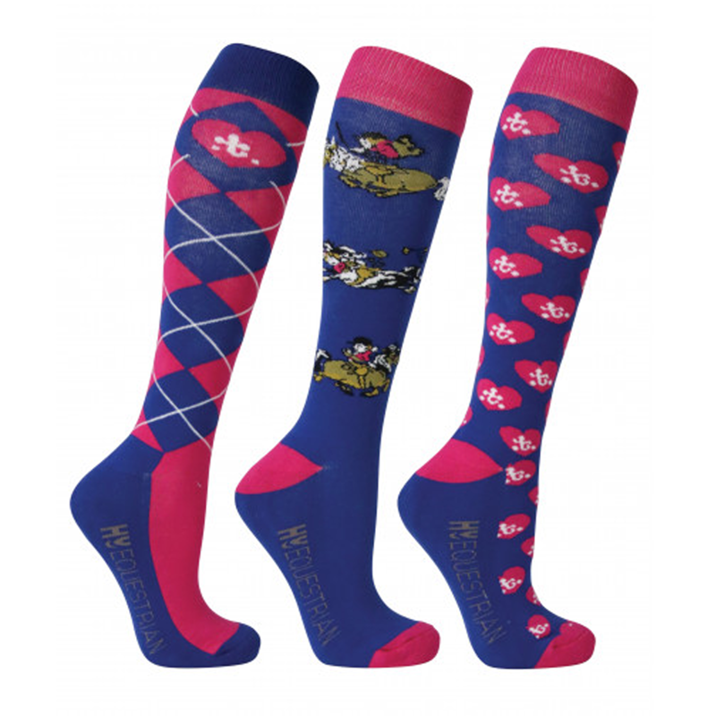 Hy Equestrian Thelwell Collection Race Socks Pack of 3 - Cobalt Blue/Magenta - UK 4-8